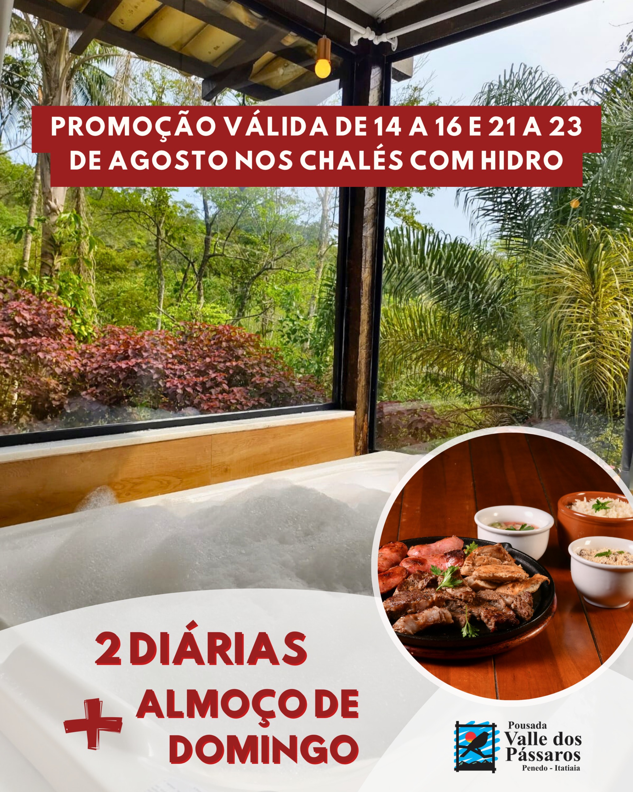 Promoção duas diárias em suítes com hidro ganhe um almoço de domingo. Consulte o regulamento com a recepção.